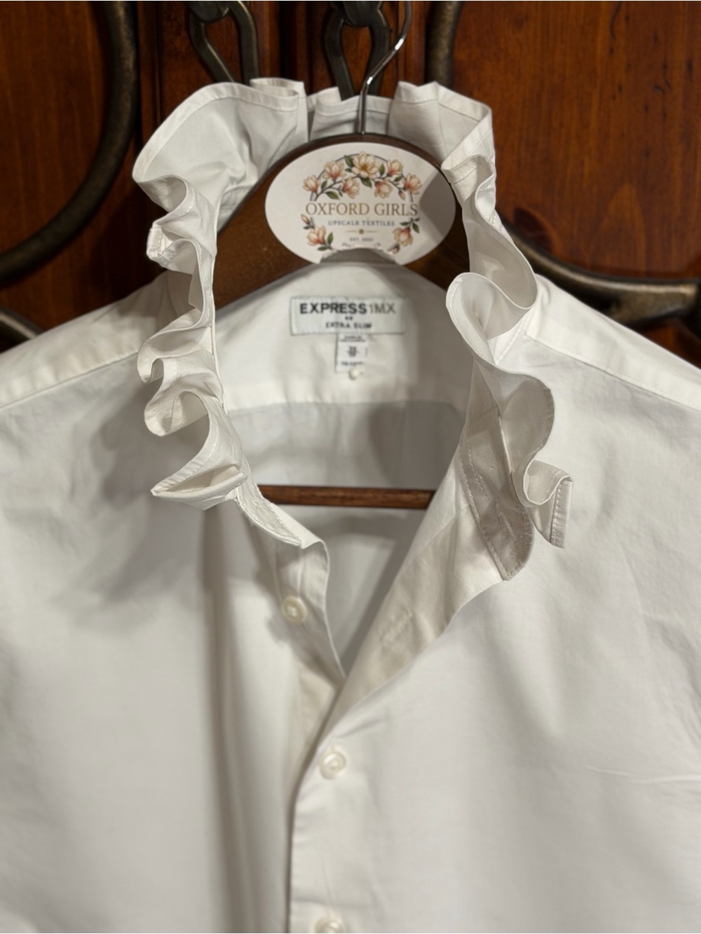Express White Ruffle-Collar Cotton Shirt - Women's Styled Fit XS